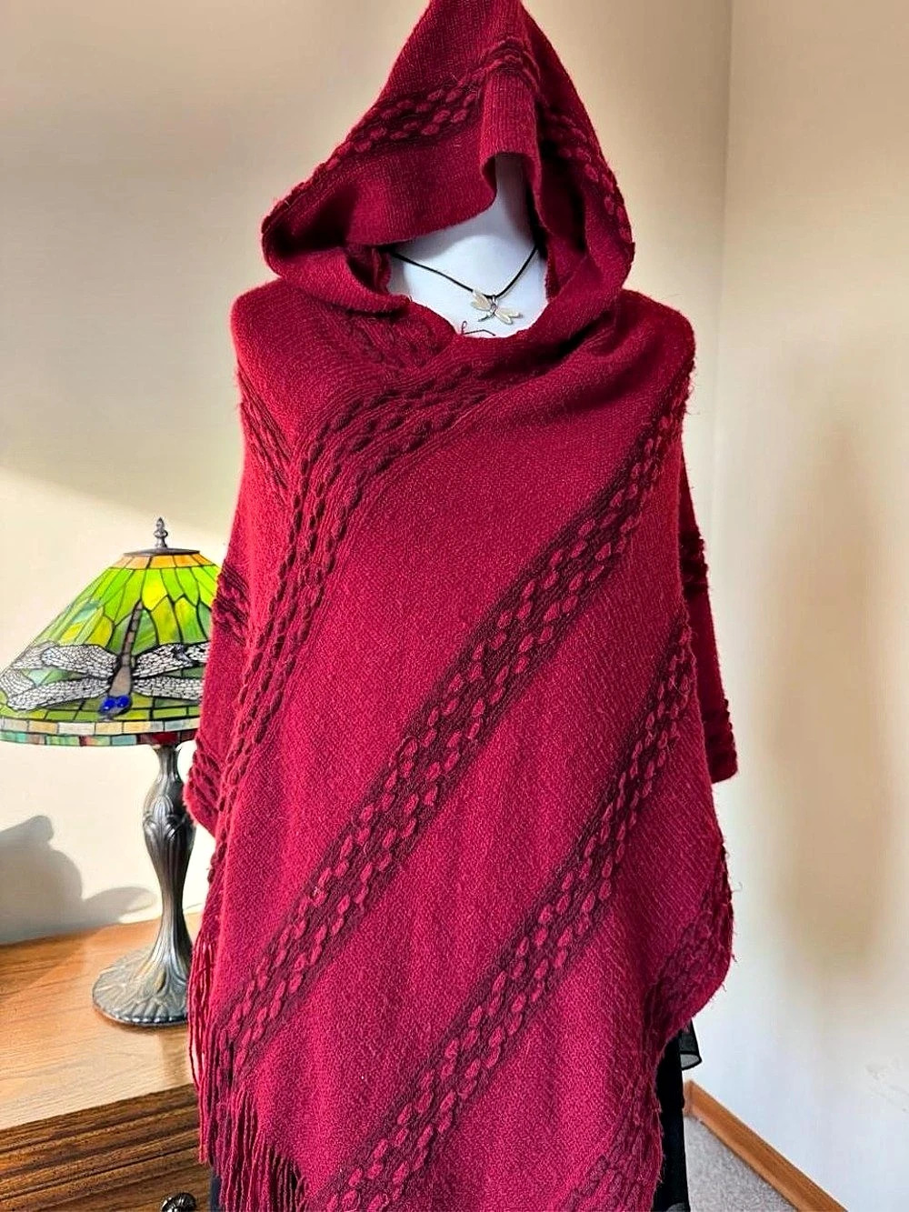 Hooded Fringe Poncho in Red Like New